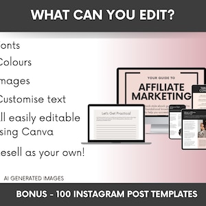 May include: A digital graphic displaying editable ebook templates on a computer screen and mobile devices. Text includes WHAT CAN YOU EDIT?, Fonts, Colours, Images, Customize text, All easily editable using Canva, Resell as your own, and BONUS - 100 INSTAGRAM POST TEMPLATES.