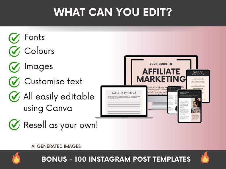 May include: A digital graphic displaying editable ebook templates on a computer screen and mobile devices. Text includes WHAT CAN YOU EDIT?, Fonts, Colours, Images, Customize text, All easily editable using Canva, Resell as your own, and BONUS - 100 INSTAGRAM POST TEMPLATES.