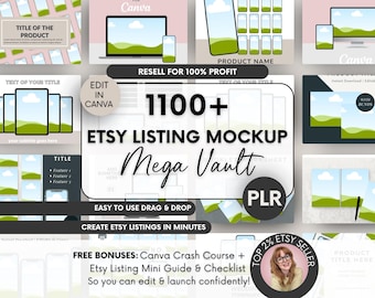 Bundel met meer dan 1100 Etsy-productmockups, inclusief PLR-bestanden, klaar voor wederverkoop en bewerking in Canva-sjablonen. Kant-en-klare mockups voor digitale producten (PLR).