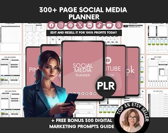 300 Page Social Media Planner Canva Templates PLR Resell Rights, Editable Social Media Content Calendar and Business Planner PLR