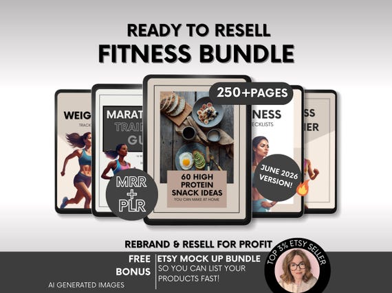 Fitness Bundle with MRR & PLR Ready To Resell, PLR Fitness Planners and Fitness Ebooks, Weight Loss Journal, High Protien Snacks Guide