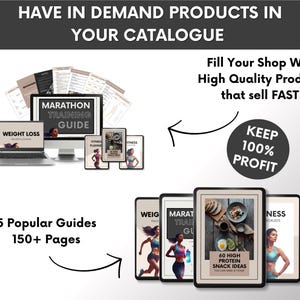 May include: Image promoting digital guides. A laptop and computer display "Weight Loss" and "Marathon Training Guide". Five guides are displayed, including "60 High Protein Snack Ideas". Text reads "5 Popular Guides 150+ Pages" and "Keep 100% Profit".