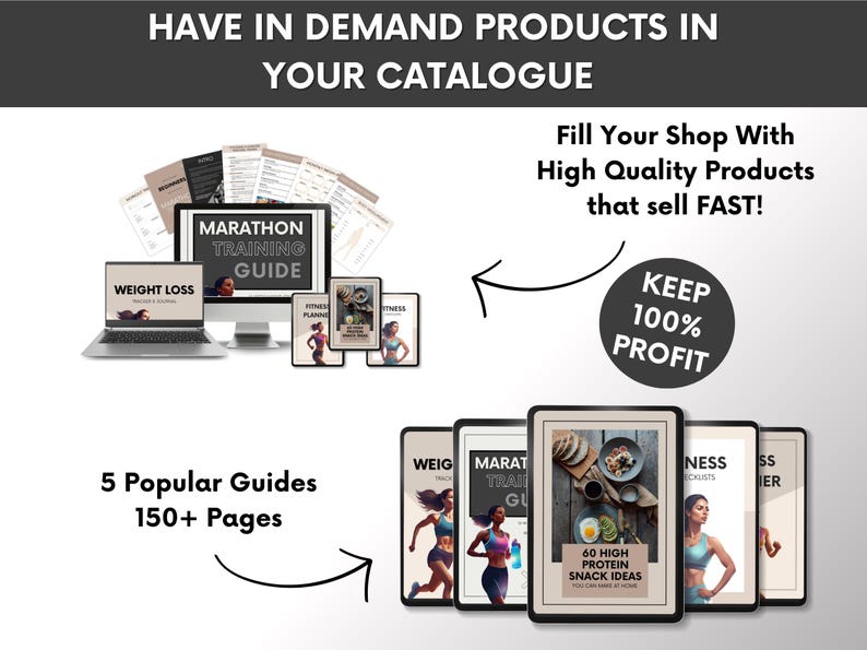 May include: Image promoting digital guides. A laptop and computer display "Weight Loss" and "Marathon Training Guide". Five guides are displayed, including "60 High Protein Snack Ideas". Text reads "5 Popular Guides 150+ Pages" and "Keep 100% Profit".
