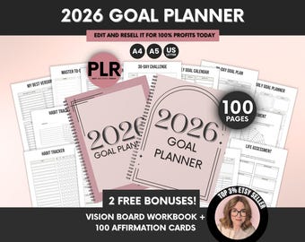 2026 Printable Goal Planner Canva Template PLR, 100 Page 2026 Planner Bundle with Resell Rights
