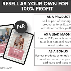 May include: A digital marketing graphic featuring two tablet screens displaying e-books titled Homeschool 101 and The Mindful Parent. The text reads Resell as your own for 100% profit, As a product, As a lead magnet, As a bonus, and AI generated images.