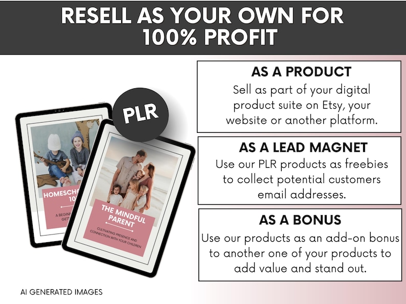 May include: A digital marketing graphic featuring two tablet screens displaying e-books titled Homeschool 101 and The Mindful Parent. The text reads Resell as your own for 100% profit, As a product, As a lead magnet, As a bonus, and AI generated images.