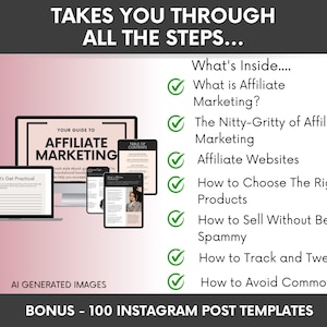May include: A digital guide titled Your Guide to Affiliate Marketing displayed on a computer monitor and tablets, accompanied by a list of topics including What is Affiliate Marketing, Affiliate Websites, and How to Track and Tweak, plus a bonus offer.