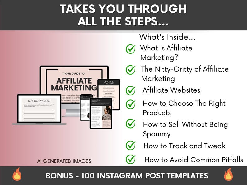 May include: A digital guide titled Your Guide to Affiliate Marketing displayed on a computer monitor and tablets, accompanied by a list of topics including What is Affiliate Marketing, Affiliate Websites, and How to Track and Tweak, plus a bonus offer.