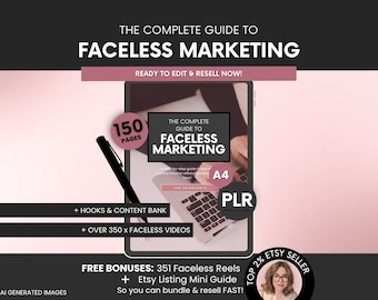 May include: A digital guide titled The Complete Guide to Faceless Marketing, featuring 150 pages in A4 format with PLR rights. Includes a black pen, a content bank, over 350 faceless videos, 351 bonus reels, and an Etsy listing mini guide for resale.