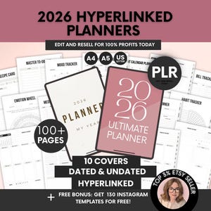 2026 Hyperlinked Digital Planner Canva Template PLR Bundle, 2026 Yearly Monthly Weekly Daily Digital Planner PLR A4 A5 US Letter