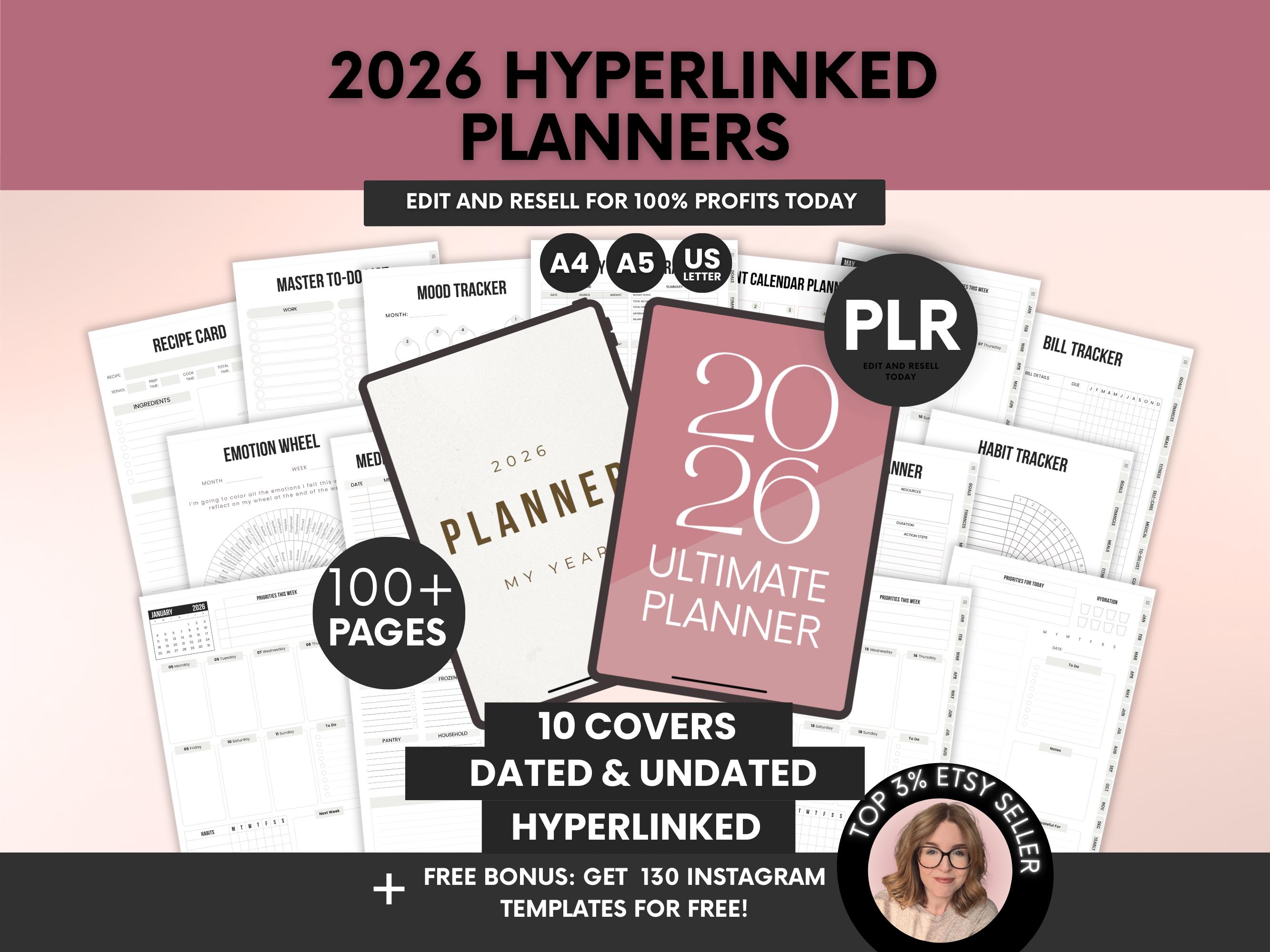 2026 Hyperlinked Digital Planner Canva Template PLR Bundle, 2026 Yearly ...