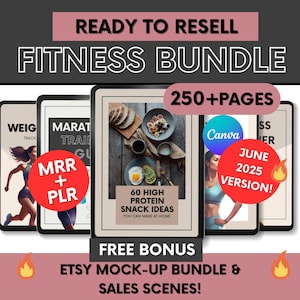 Fitnessbundel met MRR en PLR, klaar voor wederverkoop, PLR-fitnessplanners en fitness-e-boeken, dagboek voor gewichtsverlies, gids met eiwitrijke snacks