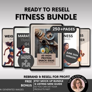 May include: A digital fitness bundle featuring multiple document covers with text including READY TO RESELL FITNESS BUNDLE, 250+ PAGES, 60 HIGH PROTEIN SNACK IDEAS, MRR + PLR, JUNE 2026 VERSION, and REBRAND & RESELL FOR PROFIT. Includes illustrations of people exercising.
