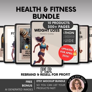 Może przedstawiać: Cyfrowy pakiet zdrowia i fitness zawierający 10 produktów i ponad 300 stron. Środkowa okładka przedstawia biegacza oraz tekst Weight Loss Tracker & Journal. Czerwona okrągła odznaka zawiera napis Updated for April 2026. Zawiera PLR, rebrand and resell for profit oraz darmowy bonusowy zestaw makiet Etsy.