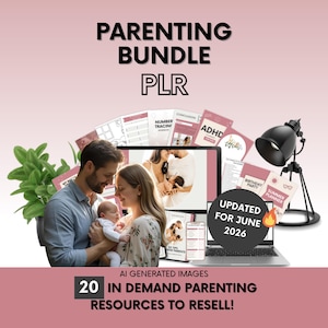 Op de afbeelding: Een digitaal ouderschapspakket met de tekst PARENTING BUNDLE PLR, 20 IN DEMAND PARENTING RESOURCES TO RESELL en UPDATED FOR JUNE 2026. De afbeelding toont een laptop, een zwarte bureaulamp, een groene plant en diverse geprinte documentpagina's.