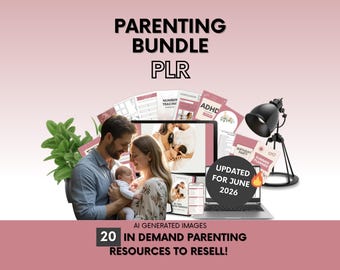 Peut inclure: Un ensemble numérique de ressources parentales avec le texte PARENTING BUNDLE PLR, 20 IN DEMAND PARENTING RESOURCES TO RESELL et UPDATED FOR JUNE 2026. L'image montre un ordinateur portable, une lampe de bureau noire, une plante et des documents.
