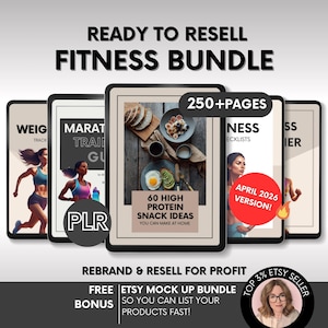 May include: A digital fitness bundle with multiple ebooks, including a weight track guide, marathon training guide, and snack ideas. The image features illustrations of women exercising and text that reads "Ready to Resell Fitness Bundle".
