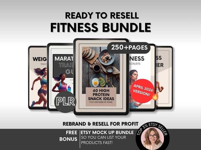 May include: A digital fitness bundle with several ebooks, including a weight track guide, marathon training guide, and snack ideas. The image features illustrations of women exercising and text that reads "Ready to Resell Fitness Bundle".