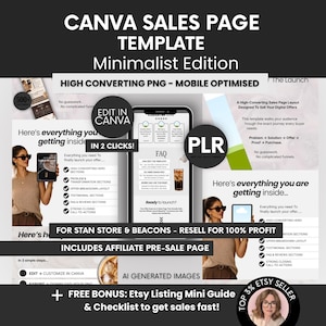 May include: A digital Canva sales page template for Stan Store and Beacons featuring a minimalist design. The layout includes mobile-optimized sections, FAQ, testimonial areas, and call-to-action buttons. Includes PLR rights and a bonus guide.