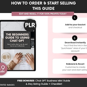 May include: A digital guide titled The Beginners Guide to Using Chat GPT with 39 pages, featuring instructions on how to order, download, and resell the content. The document includes a PLR label and details about free bonuses like a business mini guide.