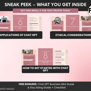May include: A digital document preview featuring dusty rose pages titled SNEAK PEEK - WHAT YOU GET INSIDE, EDIT AND RESELL IT FOR 100% PROFITS TODAY, APPLICATIONS OF CHAT GPT, ETHICAL CONSIDERATIONS, and HOW TO GET STARTED WITH CHAT GPT with PLR logo.