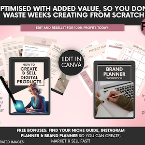 May include: A digital product bundle featuring a guide titled How to Create & Sell Digital Products and a Brand Planner workbook. The set includes various document pages, a black pen, and text overlays stating Edit in Canva and PLR.