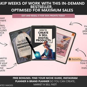 May include: Three digital tablets displaying marketing guides. The center tablet shows a person using a laptop with the text HOW TO CREATE & SELL DIGITAL PRODUCTS. The left tablet reads FACELESS INSTAGRAM MARKETING. The right tablet shows Etsy branding.