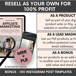 May include: A digital marketing guide titled Your Guide to Affiliate Marketing displayed on a tablet and smartphone screen. The graphic includes text explaining resale rights, MRR, PLR, and a bonus of 100 Instagram post templates for business use.