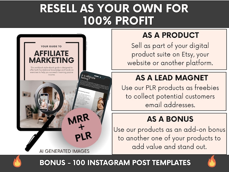 May include: A digital marketing guide titled Your Guide to Affiliate Marketing displayed on a tablet and smartphone screen. The graphic includes text explaining resale rights, MRR, PLR, and a bonus of 100 Instagram post templates for business use.