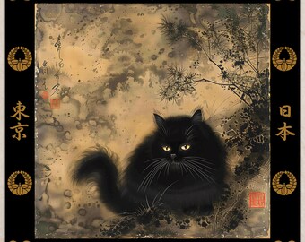 Cat Lover Housewarming Gift Cat Ukiyo-e Print New Home Decor Black Kitty Poster Present Wall Art Moving Celebration Artwork Japan Fan