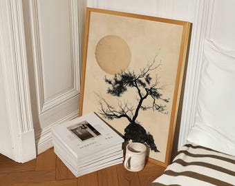 Japandi Ukiyoe (Moon and Bonsai) Wall Art, Sophisticated Room Decor & Japanese Scandinavian Fusion Print for Stylish Gallery Wall Decoration