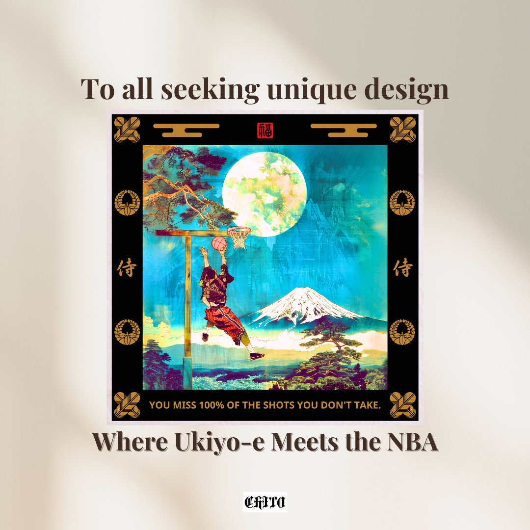 Basketball Ukiyon-e Wandkunst, NBA, Samurai, Mt Fuji, Zitat Dekor, Inspirationsplakat, Sie verpassen 100% der Schüsse, die Sie nicht nehmen