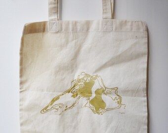 Gold Screenprinted Lake Superior Topography Map Canvas Tote Bag