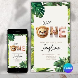 Wild One Lion Birthday Invitation | Jungle Safari First Birthday Digital Invite | Editable Canva Template | Instant Download