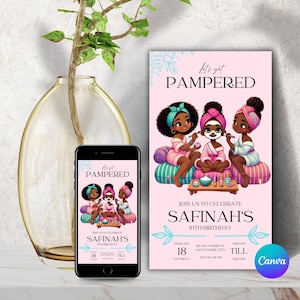 Invitation for a  Pamper Party for Kids - Girls Birthday Celebration Invitation Editable - Spa theme - Girls party- brown girl