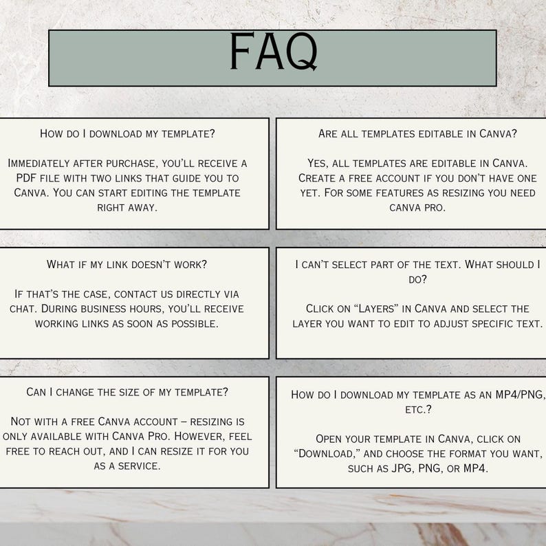 FAQ section for spa party invitation templates on Canva. Details include downloading instructions, editing options like text color and font, troubleshooting links, and resizing capabilities. Perfect for customizing birthday invitations.