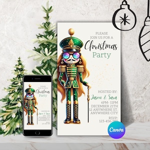 May include: A digital invitation for a Christmas party featuring a green and gold nutcracker with a skull face and sunglasses. The text on the invitation reads "Please join us for a Christmas Party" and includes the host names, date, time, and RSVP information.