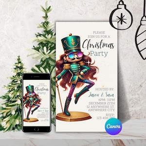 May include: A Christmas party invitation featuring a cartoon illustration of a nutcracker with a green and blue uniform, a mustache, and sunglasses. The text on the invitation reads "Please join us for a Christmas Party", "Hosted by: Jason & Sara", "6PM-11PM", "December 21th", "12 Anywhere St.", "Anywhere City", "RSVP: 123-456-780".