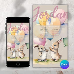 Convite de aniversário de coelho editável – Balões de aquarela para festa de animais no Canva – Aniversário de menina ou menino