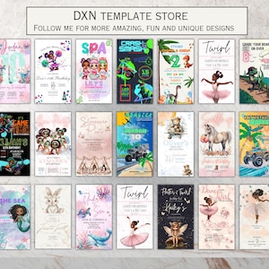 Collection of Canva birthday invitation templates from DXN Template Store. Includes various themes like spa parties, gaming, ballet, and animals, offering customizable and fun designs for all occasions.