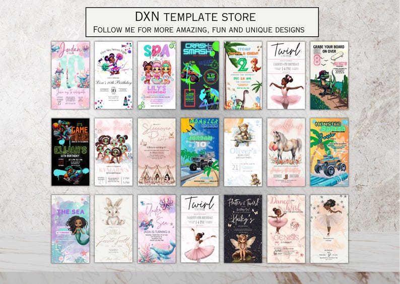 Collection of Canva birthday invitation templates from DXN Template Store. Includes various themes like spa parties, gaming, ballet, and animals, offering customizable and fun designs for all occasions.