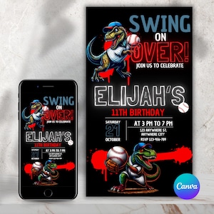 May include: A black and red birthday invitation with a dinosaur wearing a baseball uniform and holding a baseball. The invitation says "Swing on Over!" and "Elijah's 11th Birthday".
