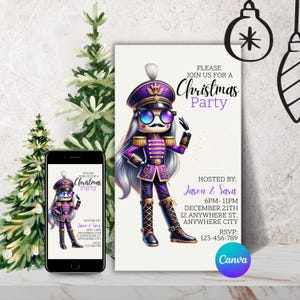 May include: A purple and gold Christmas party invitation featuring a cartoon nutcracker with a mustache and sunglasses. The text on the invitation reads "Please join us for a Christmas Party" and includes the host names, date, time, and RSVP information.