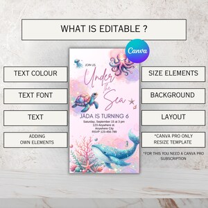 Editable Under the Sea-themed birthday invitation template on Canva. Includes features like text customization, font selection, layout adjustment, and resizing options, suitable for a girls birthday celebration.
