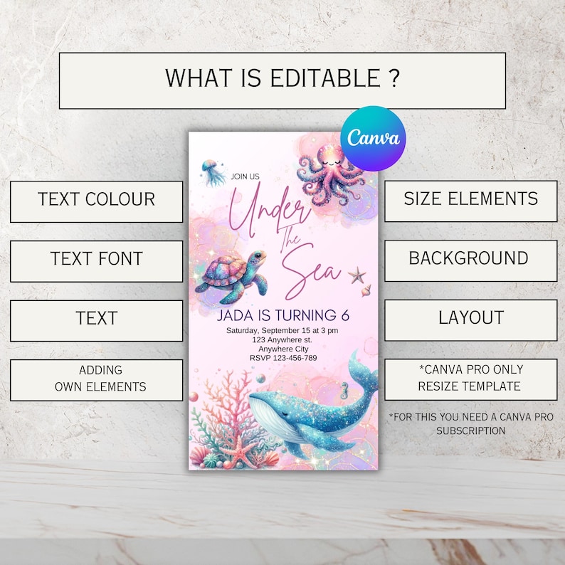 Editable Under the Sea-themed birthday invitation template on Canva. Includes features like text customization, font selection, layout adjustment, and resizing options, suitable for a girls birthday celebration.
