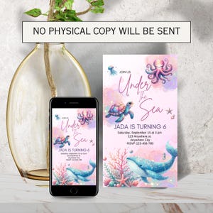 Under the Sea-themed birthday invitation displayed as both a printed card and a digital version on a smartphone. Includes marine life graphics like a turtle, octopus, and coral