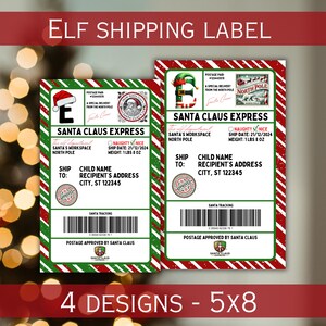 May include: Two festive Santa Claus Express shipping labels with red and green borders. The labels include text such as "Santa's Workspace North Pole," "Naughty/Nice," and "Ship Date: 21/12/2024." The labels are 12.7 x 20.3 cm.