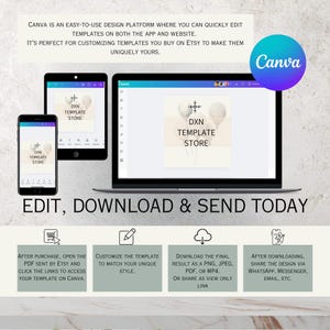Illustration of Canva platform used to edit spa party invitation templates. Features devices like a smartphone, tablet, and laptop showcasing template editing options with text ‘Edit, Download & Send Today’ for convenient customization.