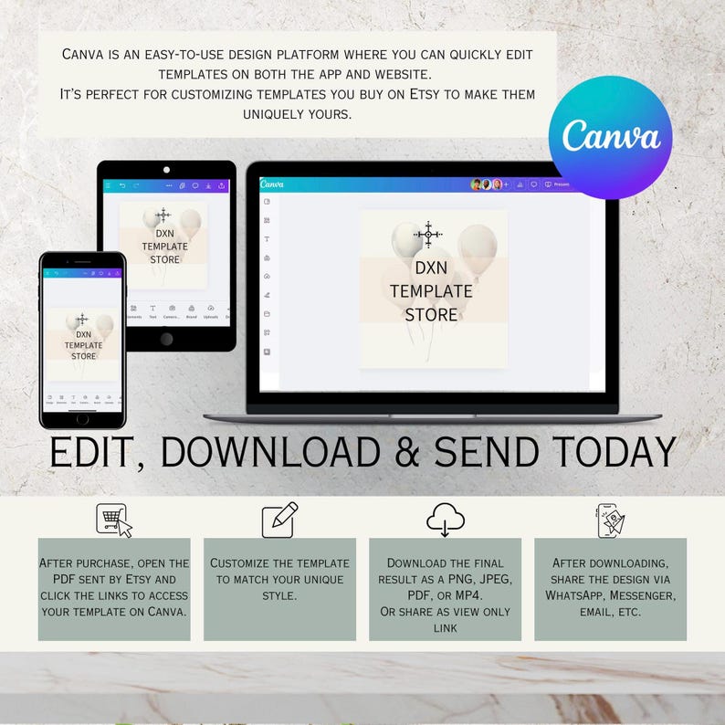 Illustration of Canva platform used to edit spa party invitation templates. Features devices like a smartphone, tablet, and laptop showcasing template editing options with text ‘Edit, Download & Send Today’ for convenient customization.