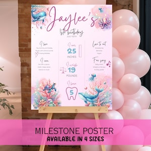 Bewerkbare onder de zee verjaardag mijlpaalposter – Canva-sjabloon – Gepersonaliseerd digitaal bord – Ocean Girl-feestdecor